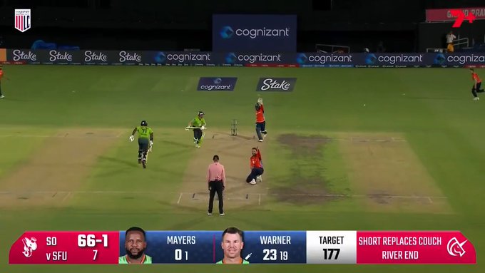 Matt Short gets Warner LBW, and then a brilliant arm ball to clean up Mayers in the same over. 📹 Credits: Twitter/7Cricket