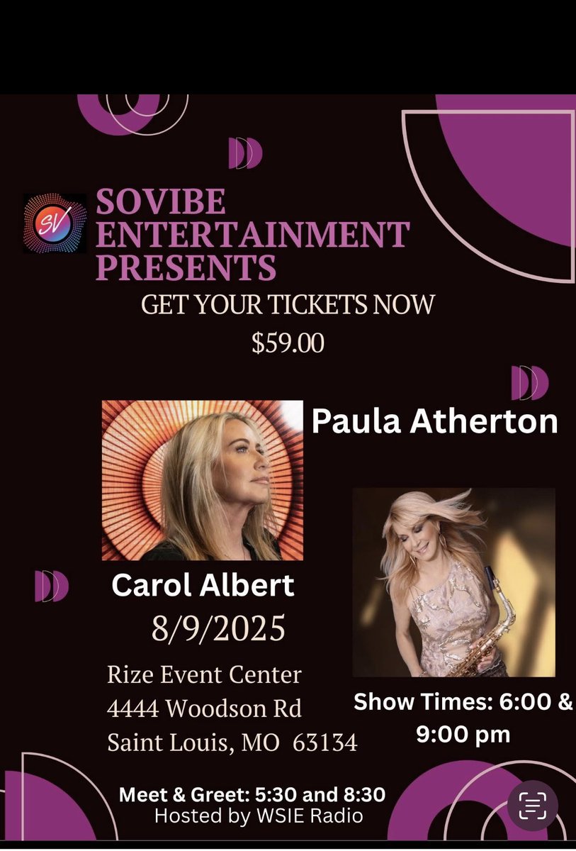 Please join Carol Albert &amp; I in St. Louis, MO Aug 9th for a special concert at the Rize Event Center!

Tix &amp; info: eventbrite.com/e/sovibe-enter…
<a href="/SmoothJazz0204/">Smooth Jazz🎷🎸🎹🥁</a> <a href="/SmoothJazz247/">Smooth Jazz 247</a> <a href="/smoothjazz/">Smooth Jazz</a> #myppk #womeninjazz