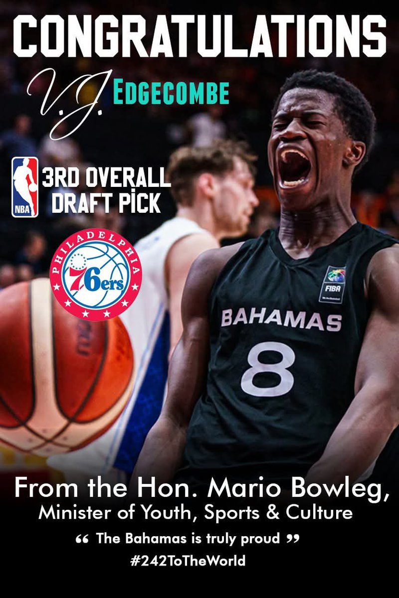 Tonight, the world cheered and The Bahamas beamed with pride as young <a href="/vj_edgecombe/">Vj💫</a> was announced the <a href="/NBA/">NBA</a> 3rd Draft pick! <a href="/sixers/">Philadelphia 76ers</a> 

Congratulations 👏🏾 Your future is bright &amp; we will continue to support you every step of the way! Proud of you!