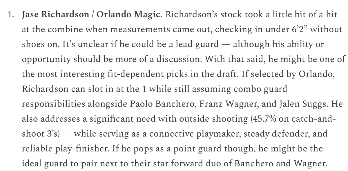 PAKA_FLOCKA's tweet photo. LOVE this pick for Orlando -- this was my favorite player/draft fit in the draft (written pre-Bane trade)

Jase Richardson is going to space the floor for their Franz-Paolo-Bane-Suggs core. Bane and Suggs can take the keys to the offense while Jase spaces the floor. Wouldn't shock me if we see a McCain-esque jump