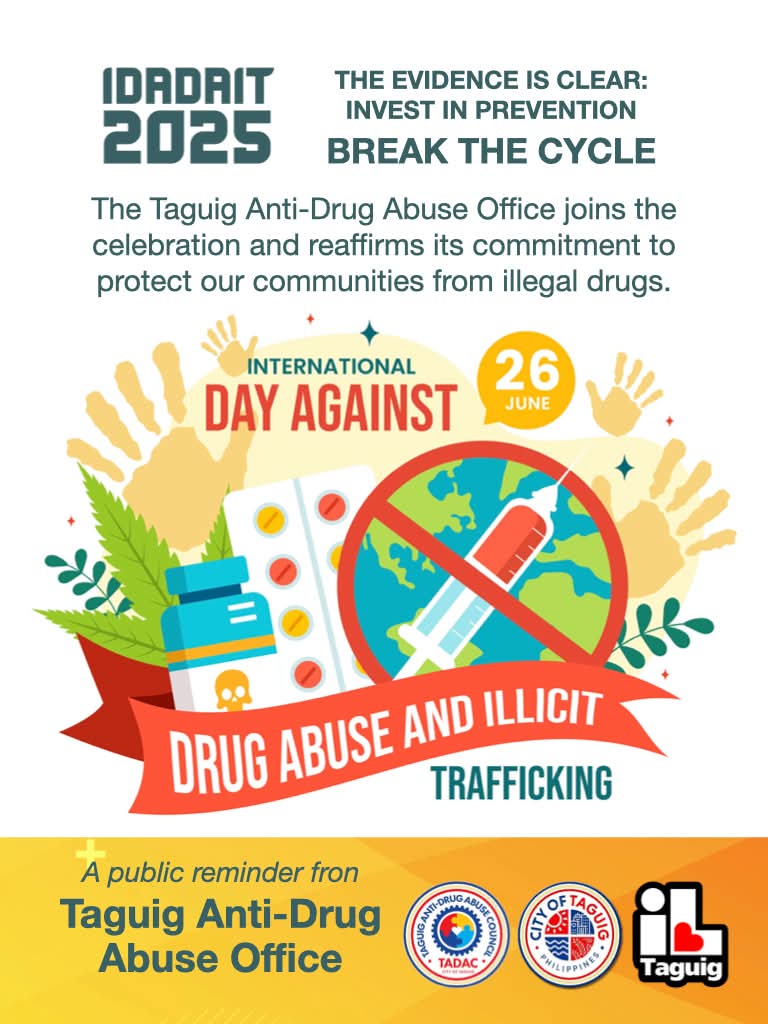 IloveTaguig1's tweet photo. The Taguig Anti-Drug Abuse Office joins the 2025 INTERNATIONAL DAY AGAINST DRUG ABUSE AND ILLICIT TRAFFICKING and reaffirms its commitment to protect our communities from illegal drugs.
#TADAO #IDADAIT2025 #ILoveTaguig https://t.co/wXDf7lhtjO