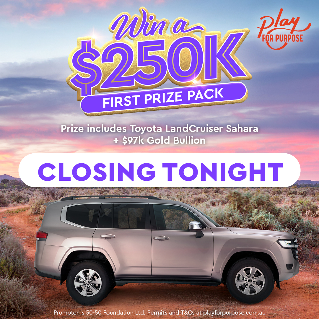 ‼️ Raffle 27 closes at 8pm AEST TONIGHT ‼️
Don't miss your chance to win the $250K First Prize Pack which includes:
🚙 $152,899 Toyota LandCruiser Sahara
💰 Over $97,000 in gold bullion
Don't miss the chance to win big tomorrow!
Buy your $10 ticket/s: playforpurpose.com.au/ausEE