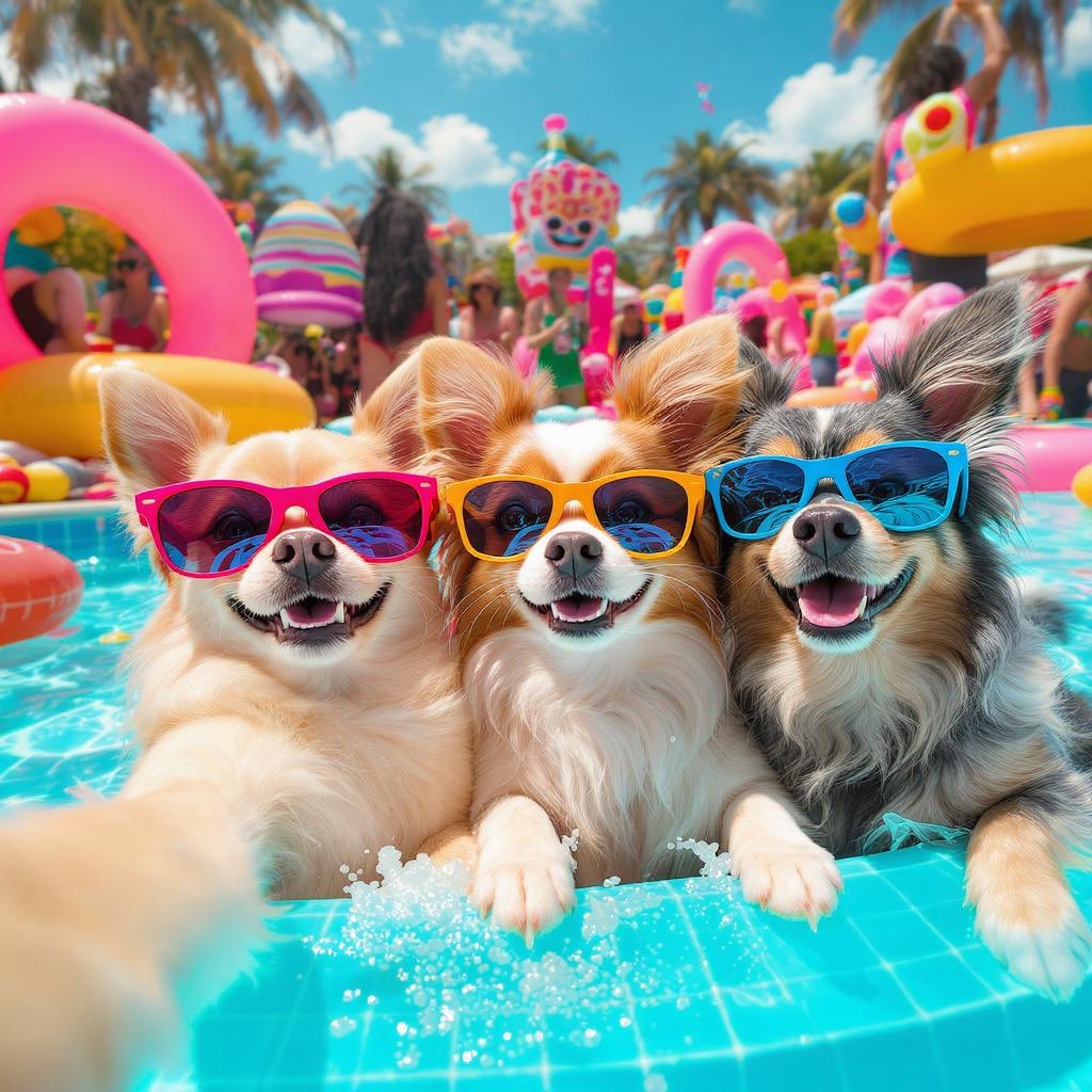 PapisChronicle's tweet photo. THE POOL PARTY GOT OUTTA PAW 🌀💦
Papi brought the shades.
Lulu brought the drama.
Koko summoned a wave.
Someone’s floatie exploded and a tuna flew through the air.
We’re never allowed back.
#PapiChronicles #BrainrotCore #DogSelfieGoneWrong #PoolsideMeltdown #LuluDidIt #ChihuahuaTakeover