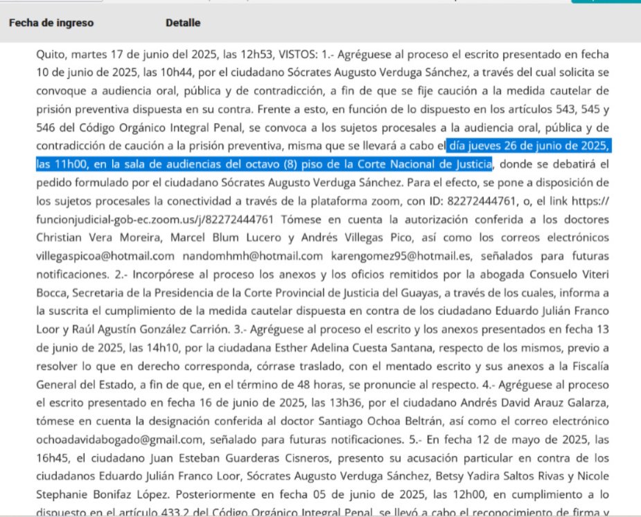 Círculo de Periodistas Judiciales (@fundacioncpj) on Twitter photo #ATENCIÓN: Este jueves 26 de junio, las 11:00, en la <a href="/CorteNacional/">Corte Nacional de Justicia</a> se resolverá el pedido de caución a la prisión preventiva dispuesta contra Augusto Verduga, investigado en el #CasoLigados. El link de Zoom: funcionjudicial-gob-ec.zoom.us/j/82272444761 #ATENCIÓN: Este jueves 26 de junio, las 11:00, en la <a href="/CorteNacional/">Corte Nacional de Justicia</a> se resolverá el pedido de caución a la prisión preventiva dispuesta contra Augusto Verduga, investigado en el #CasoLigados. El link de Zoom: funcionjudicial-gob-ec.zoom.us/j/82272444761