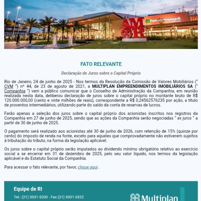QDividendos's tweet photo. Multiplan anuncia pagamento de JCP!!!
#Multiplan #MULT3 #Dividendos #JCP #Proventos https://t.co/nD6l85FRBL