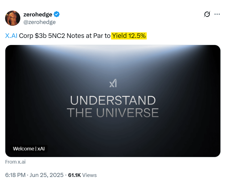 In just 2 months, xAI Corp went from trying to raise $20 billion in cash, to trying to sell $5 billion of debt, to ultimately issuing only $3 billion of debt. At 12.5%. 

Musk is cooked. 

$TSLA