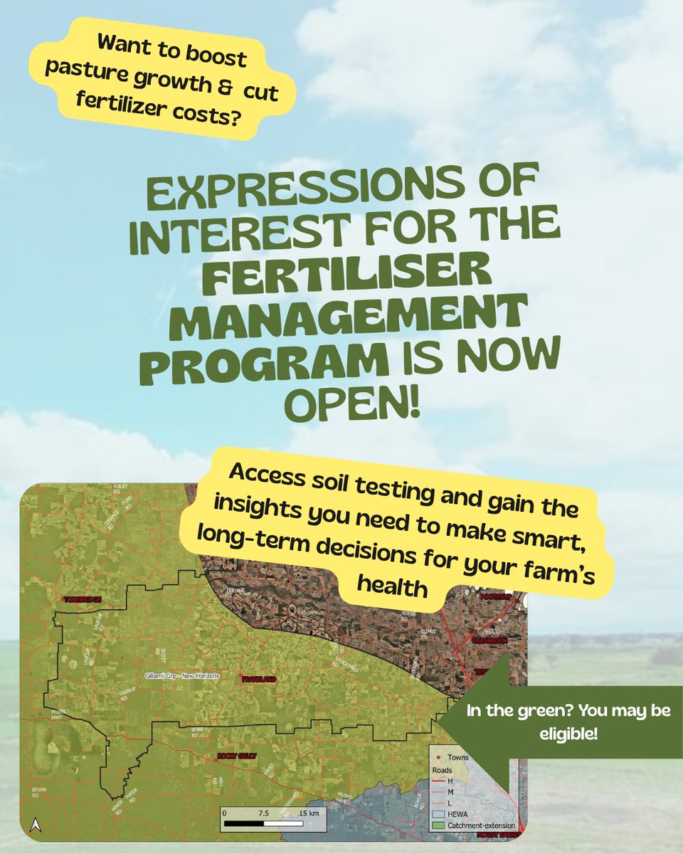 Gillamii (@thegillamii) on Twitter photo 🌿Farmers—Is your soil in top shape?
Expression of interest is OPEN for the fertilizer management program!
✅ Boost productivity 🧑🌾
✅ Save on fertilizer 🫰
✅ Help keep our estuaries clean 🌊
👉 Don’t miss out—submit your EOI today to po2@gillamii.org.au!
#DPIRD #SustainableAg 🌿Farmers—Is your soil in top shape?
Expression of interest is OPEN for the fertilizer management program!
✅ Boost productivity 🧑🌾
✅ Save on fertilizer 🫰
✅ Help keep our estuaries clean 🌊
👉 Don’t miss out—submit your EOI today to po2@gillamii.org.au!
#DPIRD #SustainableAg