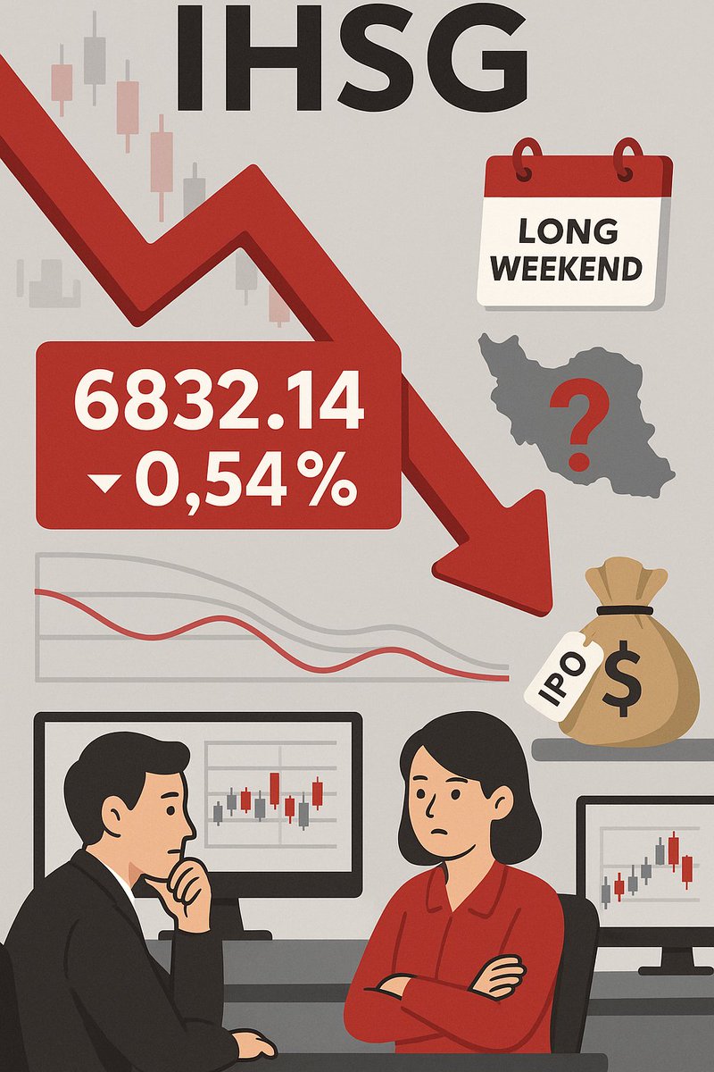 NuroLook's tweet photo. Investor cenderung ambil posisi jangka pendek akibat:  
1️⃣ Antisipasi kinerja emiten semester I-2025,  
2️⃣ Likuiditas ketat imbas maraknya IPO bersamaan.  
Proyeksi IHSG (26/6):
▫️ Potensi uji support **6750-6800
#IHSG #BursaEFekIndonesia #AnalisaSaham #MarketUpdate #Investasi https://t.co/jKIZxMlKrO