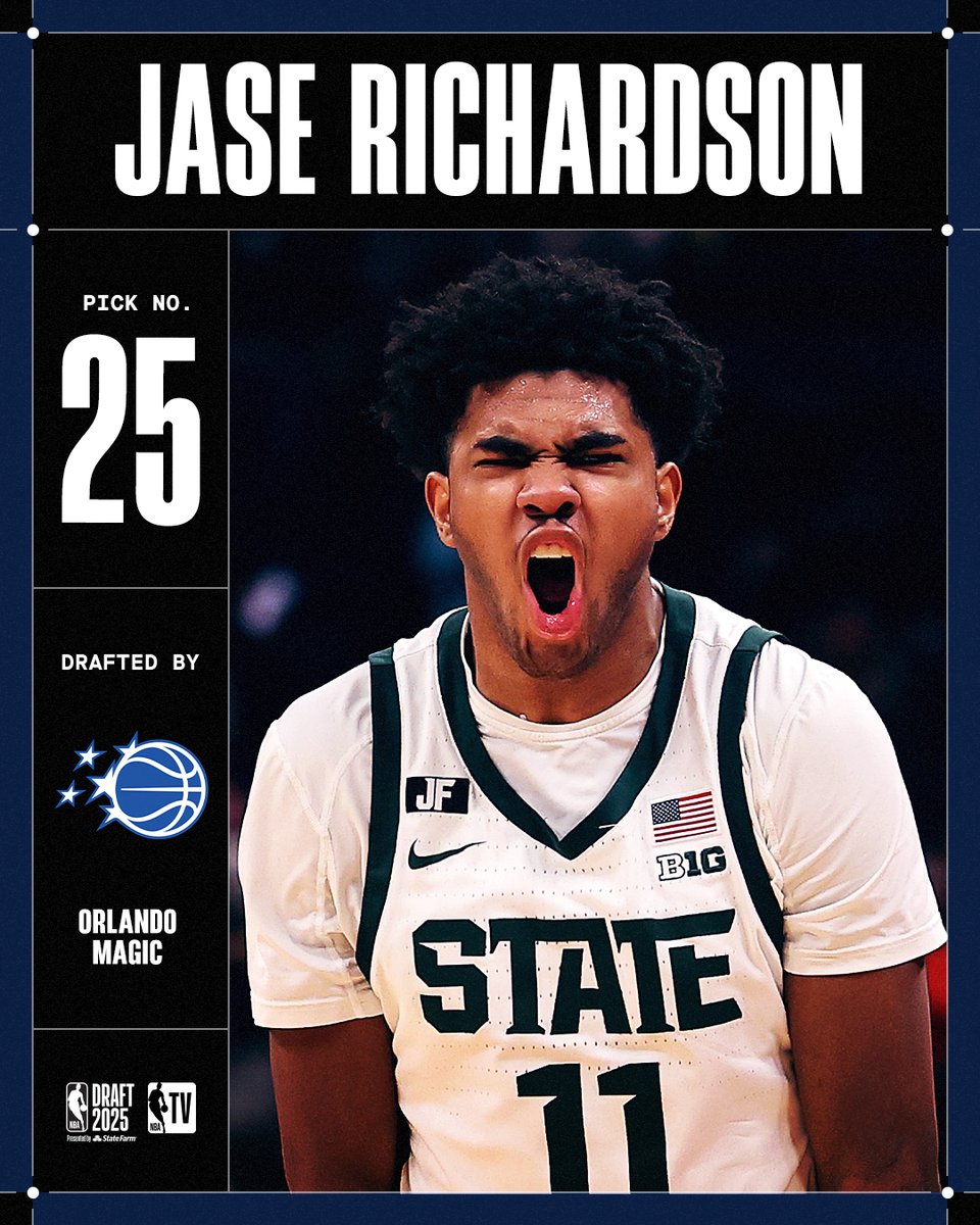 NBA TV (@nbatv) on Twitter photo JASE RICHARDSON IS GOING TO ORLANDO 🪄
The <a href="/OrlandoMagic/">Orlando Magic</a> take the Michigan St. Guard with the 25th pick in the 2025 #NBADraft! JASE RICHARDSON IS GOING TO ORLANDO 🪄
The <a href="/OrlandoMagic/">Orlando Magic</a> take the Michigan St. Guard with the 25th pick in the 2025 #NBADraft!