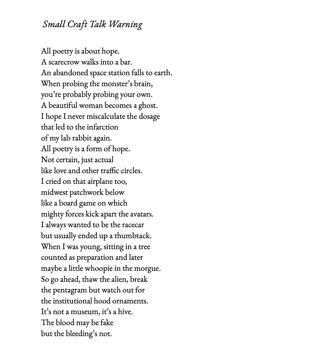 The way Dean Young works his small craft warning into the movement from "All poetry is about hope." to "All poetry is a form of hope."