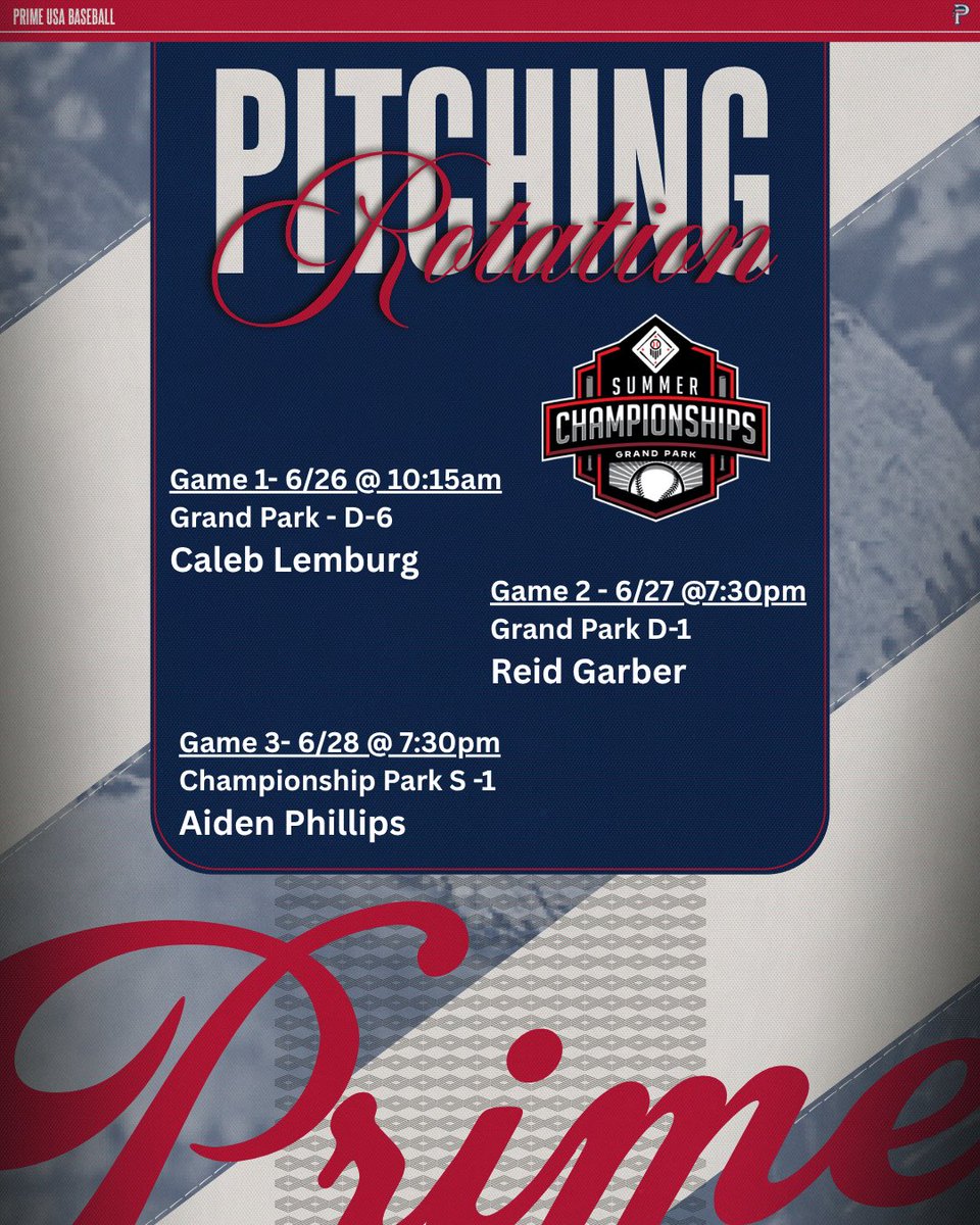Here is our pitching rotation for the PBR Summer Championships Series at Grand Park this weekend!