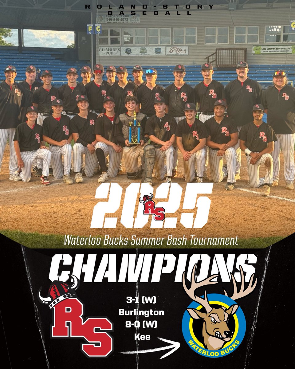 CHAMPIONS!

Roland Story wins the 2025 Waterloo Bucks Summer Bash Tournament and improve to 16-7. 

Norse knock off Burlington Notre Dame 3-1 in Game 1 &amp; shuts out #8 (1A) Kee 8-0 in game 2.

Norse are  hosting 2A #8 ranked Grundy Center (17-2) tomorrow night at 7:30pm. 
#iahsbsb
