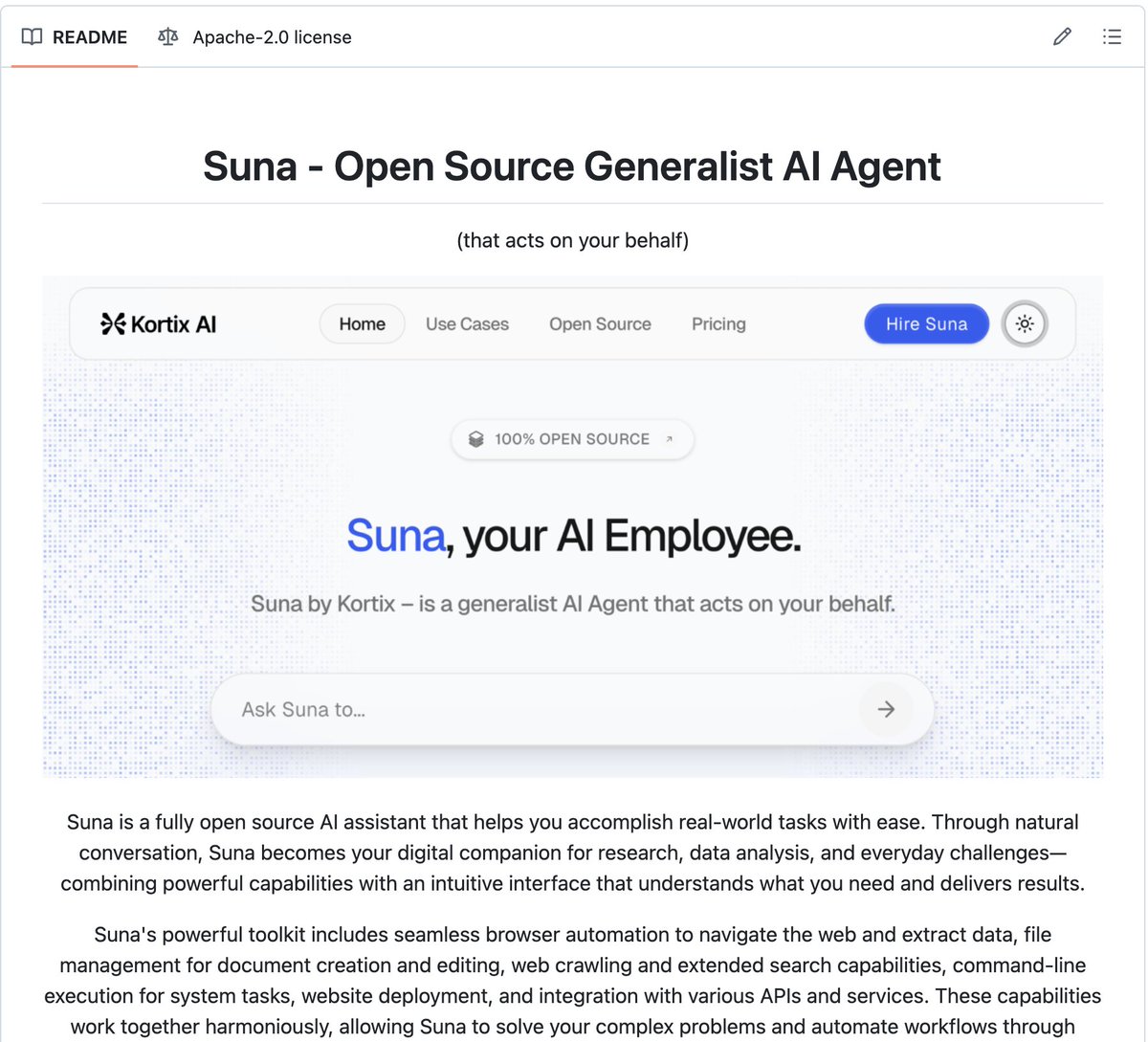 🚀 Excited to share Suna by <a href="/kortix_ai/">KortixAI</a>! Suna is a fully open source AI assistant that helps you accomplish real-world tasks with ease. 
🚀 Check it out on GitHub: github.com/kortix-ai/suna #AI #OpenSource #MachineLearning