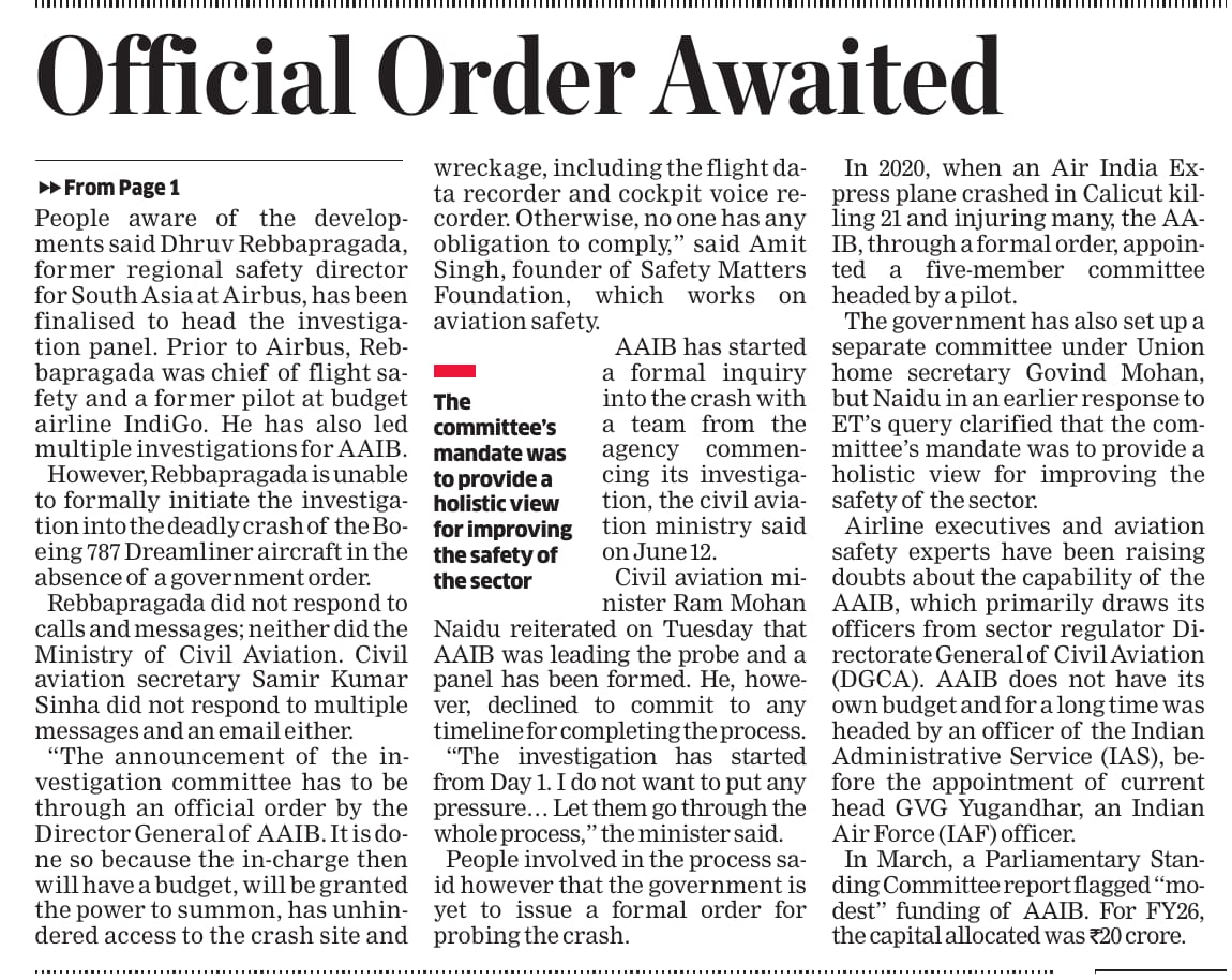Arindam Majumder (@ari_maj) on Twitter photo In the <a href="/EconomicTimes/">Economic Times</a> : 2 weeks after an Air India ✈️ crashed killing more rhan 270, India's accident investigation bureau hasn't yet named a probe team #AirIndiaCrash #AI171 In the <a href="/EconomicTimes/">Economic Times</a> : 2 weeks after an Air India ✈️ crashed killing more rhan 270, India's accident investigation bureau hasn't yet named a probe team #AirIndiaCrash #AI171