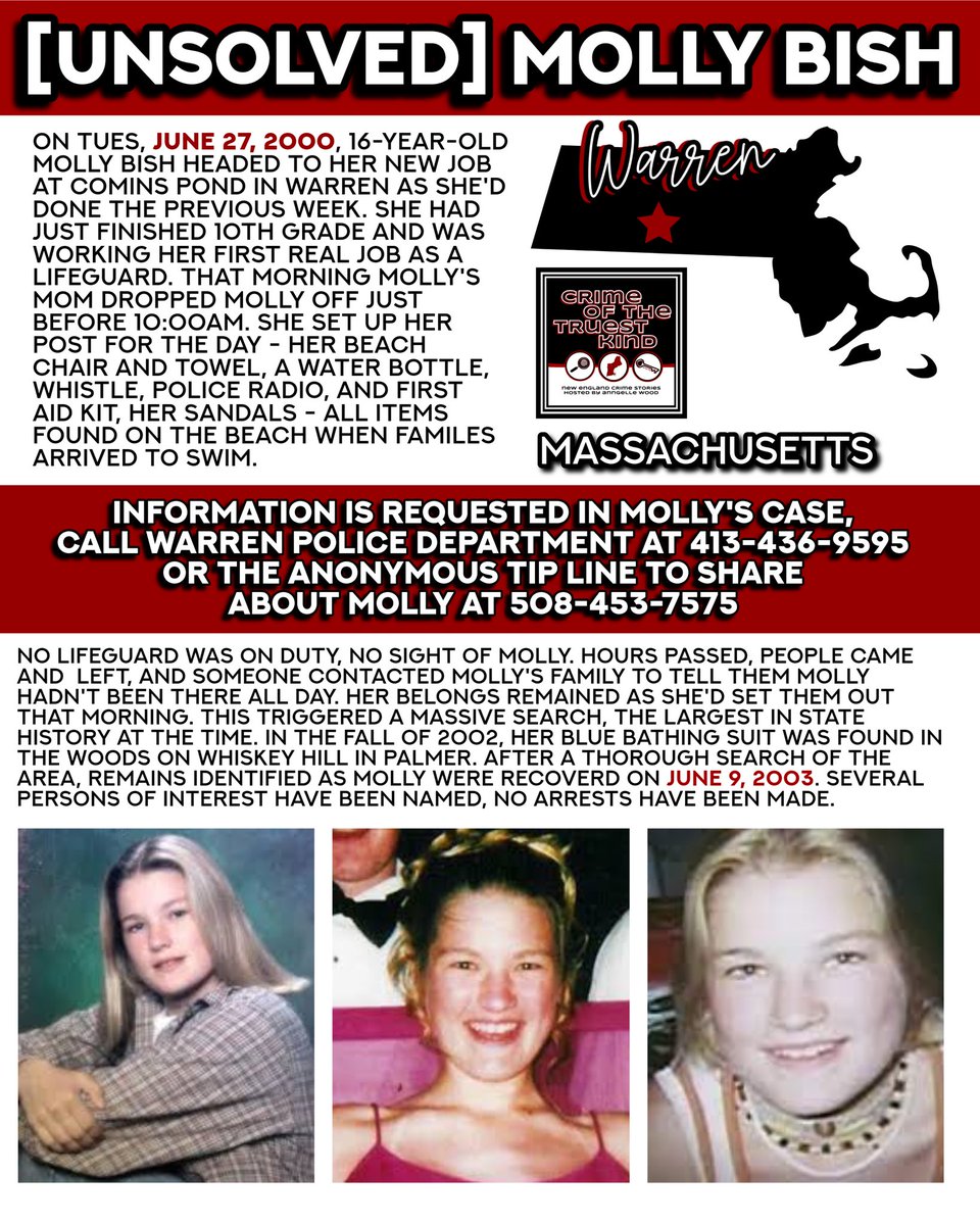 This Fri 6/27 marks 25 years since Molly Bish vanished from
Comins Pond in Warren. As I’ve grown, learned about advocacy, &amp; the impact on families, there’s no message more important than sharing their loved one’s story. Anniversary vigil this Sat 6/28, 7pm, Warren Town Common