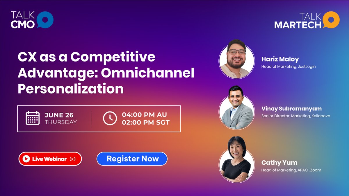 TalkCMO's tweet photo. CX isn’t just a buzzword... it’s your edge.
Join Vinay Subramanyam (@Kellanova_fr), Hariz Maloy (@JustLoginSG) & Cathy Yum (@Zoom) as they unpack omnichannel CX
📅 June 26: https://t.co/yXT2sEdpAr
#CXLeadership #TalkCMO #MarketingWebinar #TalkMartech https://t.co/YBQQ7od36d