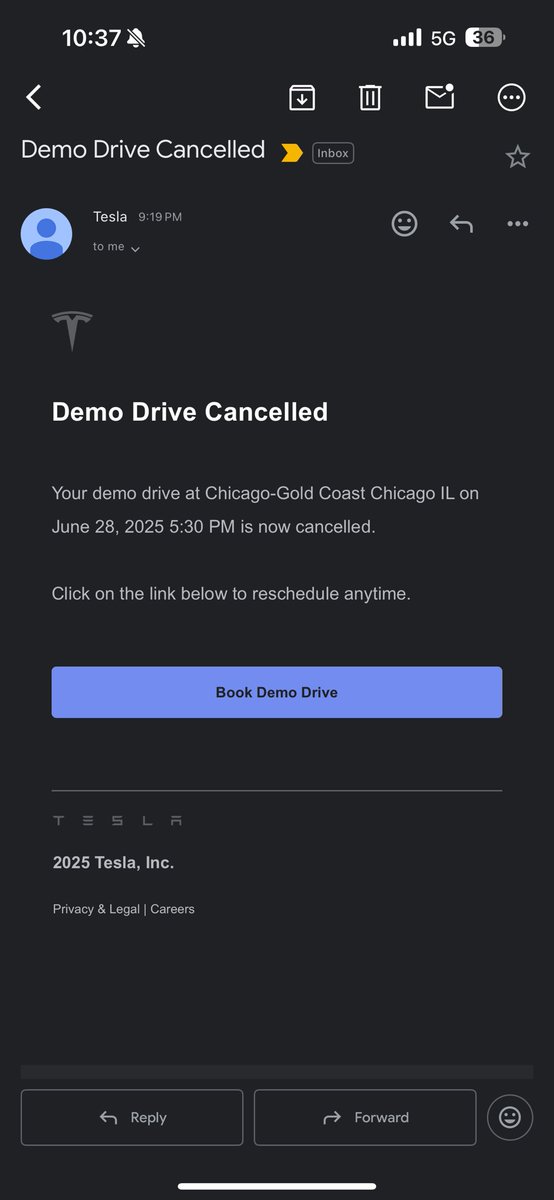 So not sure what happened. Or why it happened, but my 48 hour demo drive with the <a href="/Tesla/">Tesla</a>  model y got randomly cancelled. And no I didn't do a previous 48 hour demo drive either. Anyone else?