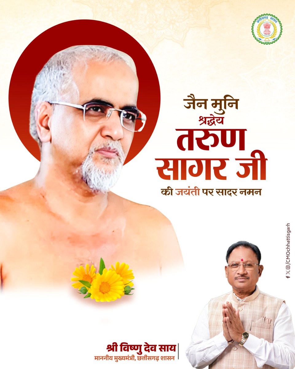 शांति और अहिंसा का संदेश देने वाले जैनमुनि श्रद्धेय तरुण सागर जी की जयंती पर मुख्यमंत्री श्री विष्णु देव साय ने उन्हें सादर नमन किया।