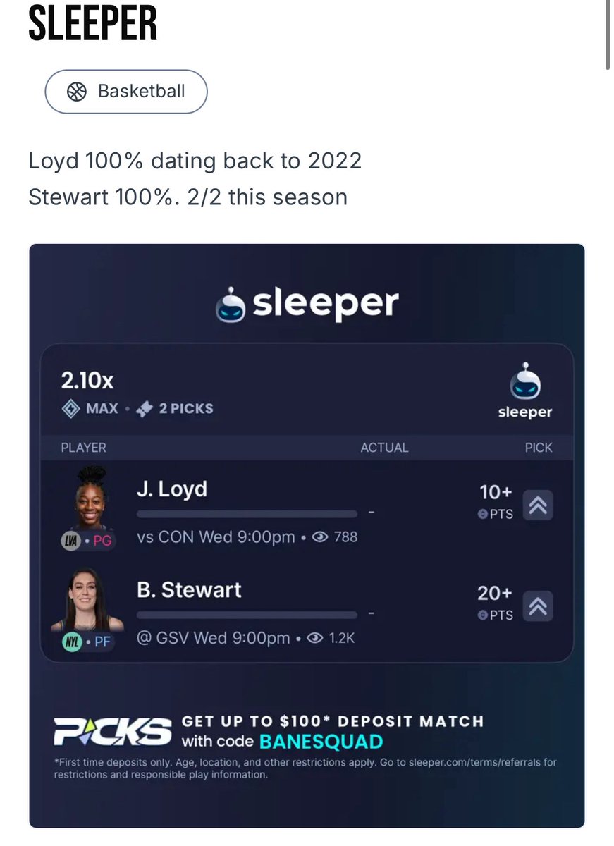BaneSquad (@banesquad_) on Twitter photo I posted 1 sleeper on Winible, Cash that 💰
$350 for $735 secured ✅
Code BANESQUAD if you download the sleeper dfs app.
Follow them on Twitter for updates -> <a href="/SleeperPicksHQ/">Sleeper Picks</a>
Join me on Winible below for future sleeper picks ⬇️⬇️⬇️
winible.com/banesquad I posted 1 sleeper on Winible, Cash that 💰
$350 for $735 secured ✅
Code BANESQUAD if you download the sleeper dfs app.
Follow them on Twitter for updates -> <a href="/SleeperPicksHQ/">Sleeper Picks</a>
Join me on Winible below for future sleeper picks ⬇️⬇️⬇️
winible.com/banesquad