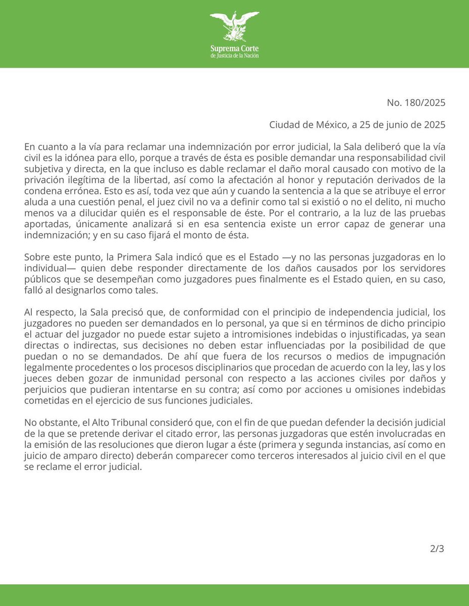 LisMuoz5's tweet photo. 🧵 La Suprema Corte emite criterios sobre indemnización por #errorjudicial
✔️ Se puede reclamar vía #civil si hubo una #sentenciapenal firme y se prueba dolo, culpa o negligencia de la persona juzgadora.
✔️ El responsable es el Estado, no el juez/a.
#SCJN #ErrorJudicial
1/2 https://t.co/VdpGj0MtE3