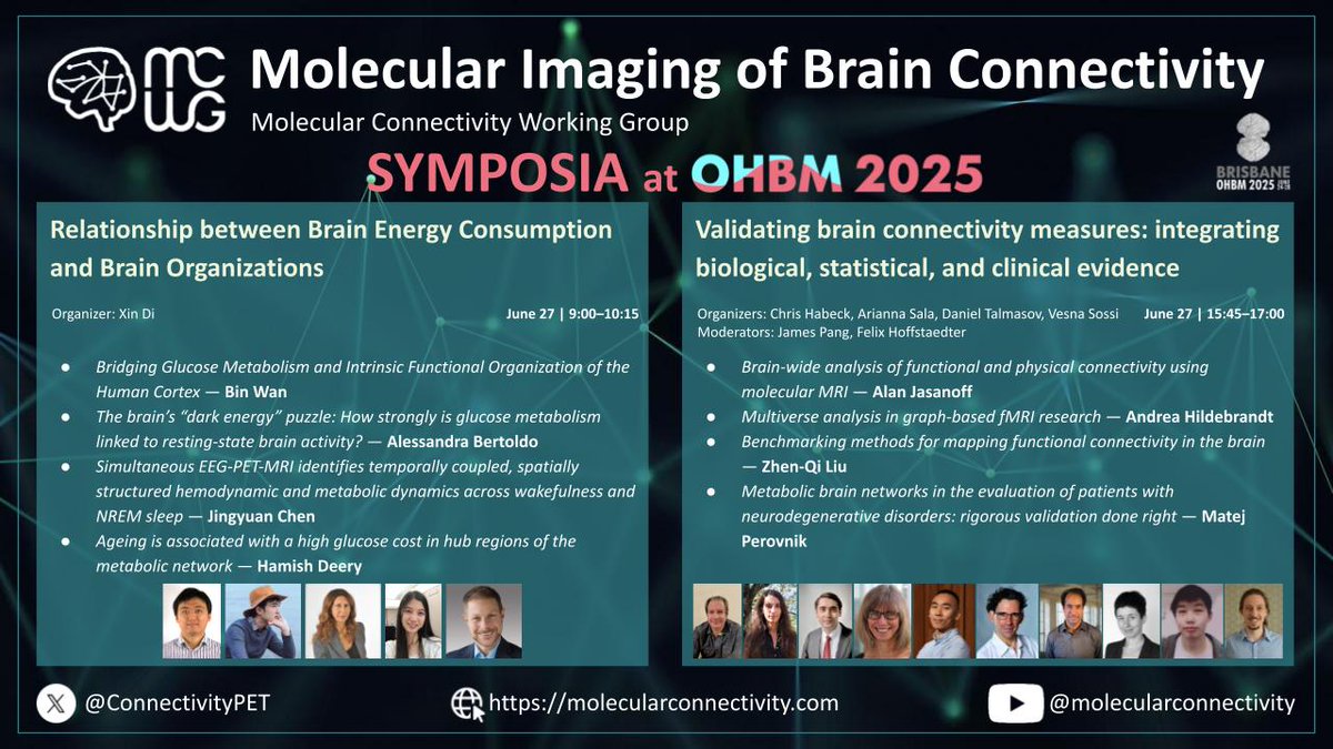 Good morning <a href="/OHBM/">OHBM</a>! Don't miss today's Molecular Connectivity Working Group symposium about the relationship between Brain Energy Consumption and Brain Organizations with Bin Wan, A. Bertoldo, J. Chen and <a href="/DeeryHamish/">Hamish Deery</a>, moderated by <a href="/dixy0/">Xin Di</a>.

We start at 9:00 in the M3.