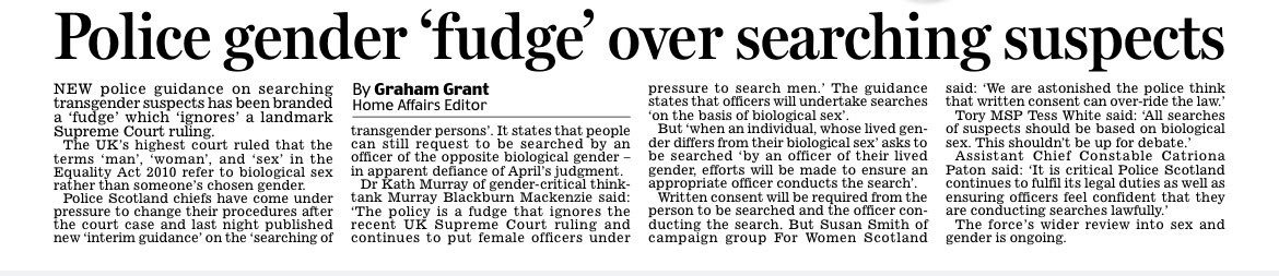 🔴 New Police Scotland guidance on searching transgender suspects has been branded a ‘fudge’ which ‘ignores’ a landmark Supreme Court ruling

newspaperscotland.mailplus.co.uk/data/6262/read…

#police #policing #gender #trans