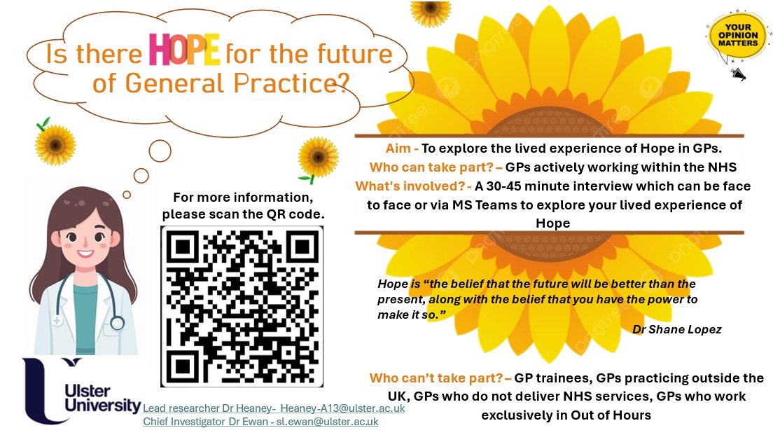 📢 Calling all UK GPs! 📢
We are researching the lived experience of Hope in General Practitioners and need your valuable insights. If you're interested in participating, please get in touch using the QR code below! Your experience can help shape the future of General Practice.