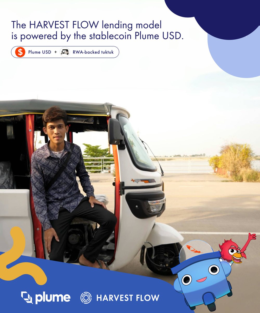 The HARVEST FLOW lending model is powered by the stablecoin <a href="/plumenetwork/">Plume - RWAfi Chain</a> (Plume USD)🪶

It allows you to support local drivers with tuktuks using a stable currency—without the worry of price fluctuations—while also earning interest as a supporter.

This structure enables both