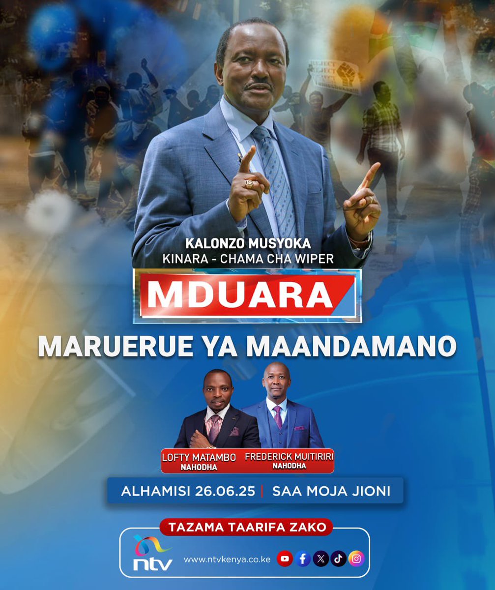 Post Maandamano:
Tonight, at 7pm, we speak to Wiper Leader Kalonzo Musyoka. #Mduara on <a href="/ntvkenya/">NTV Kenya</a>