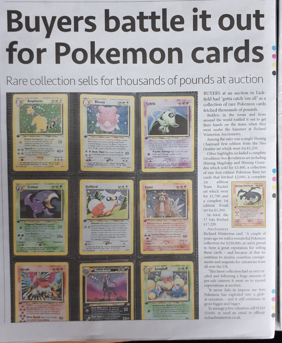 Alex Keller (@alexkeller_pr) on Twitter photo Super piece on p22 of today's Lichfield & Burntwood Independent about the latest Pokémon sales at auction at Fradley 📰
The <a href="/Auctionwint/">Richard Winterton Auctioneers</a> Pokémon, comics and gaming specialist will be back with Richard at The Auction Cafe for FREE valuations on Wednesday 16th July 9.30am-12.30pm Super piece on p22 of today's Lichfield & Burntwood Independent about the latest Pokémon sales at auction at Fradley 📰
The <a href="/Auctionwint/">Richard Winterton Auctioneers</a> Pokémon, comics and gaming specialist will be back with Richard at The Auction Cafe for FREE valuations on Wednesday 16th July 9.30am-12.30pm