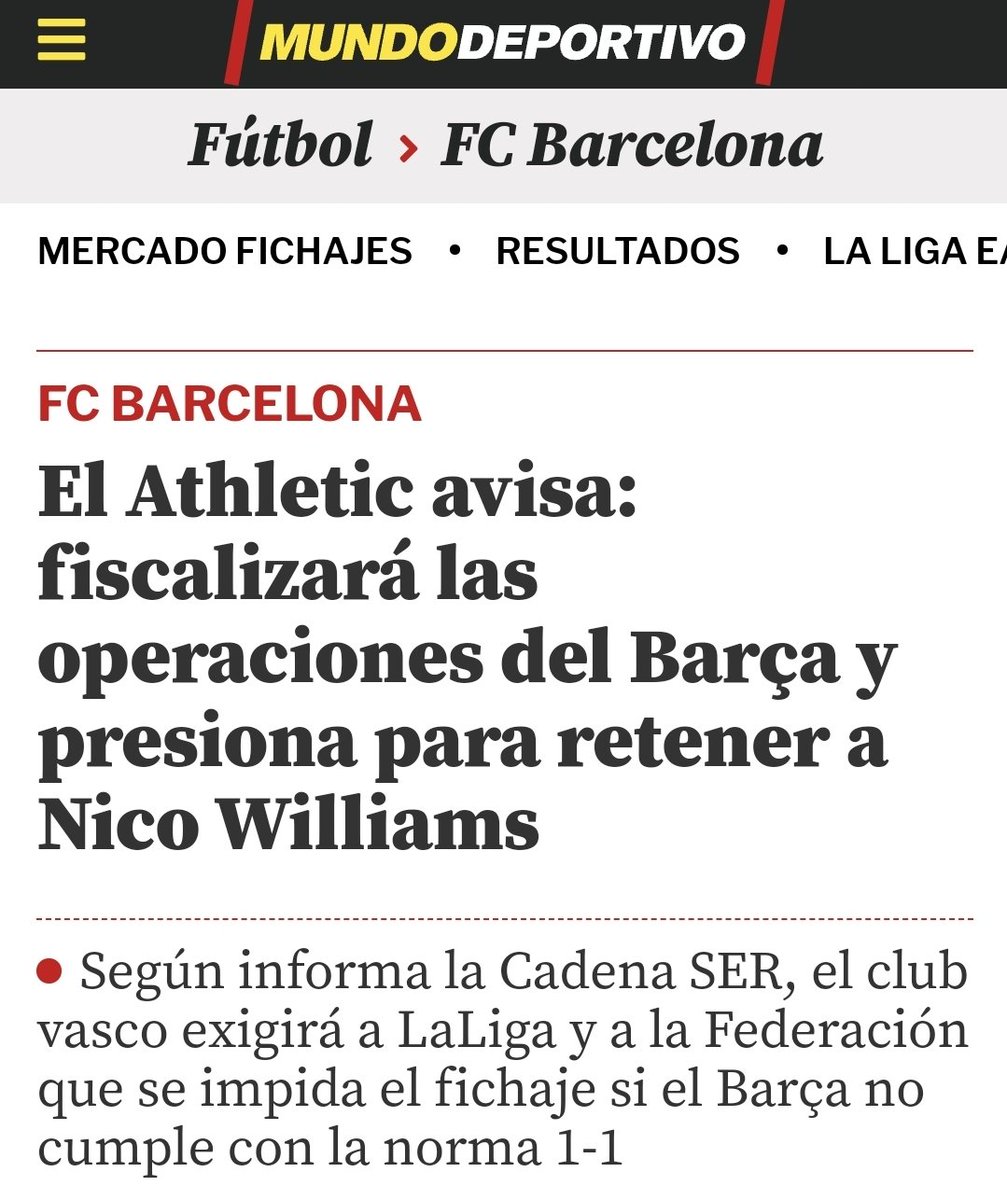 El <a href="/AthleticClub/">Athletic Club</a> no puede fiscalizar al <a href="/FCBarcelona_es/">FC Barcelona</a>

El Athletic Club de Bilbao no tiene la capacidad de fiscalizar las cuentas del Fútbol Club Barcelona; esa responsabilidad corresponde a LaLiga. No puede ser de otra manera. De ser así, todos los clubes estarían sometidos a