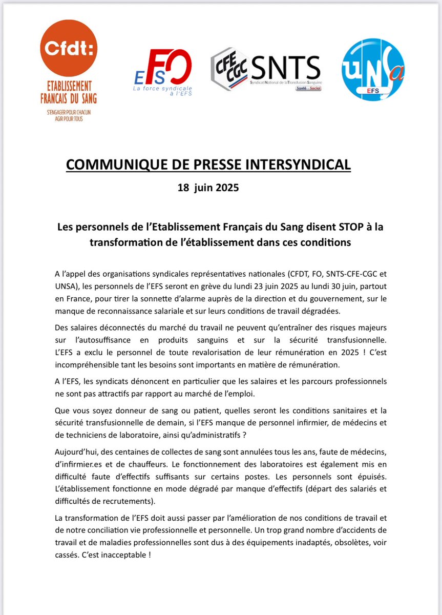 CFECGC's tweet photo. Les personnels de l’Etablissement français du sang #EFS en grève jusqu’au 30 juin.
Ils tirent la sonnette d’alarme sur le manque de reconnaissance salariale et les conditions de travail dégradées.
#CFECGC #salaires #Transfusions https://t.co/5aiPg7qDM1