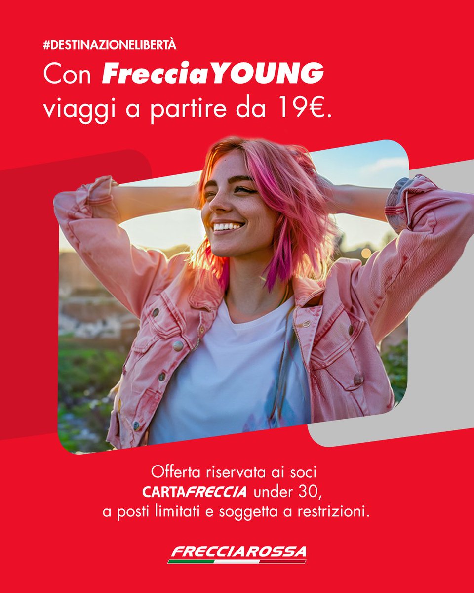 Frecciarossa_IT's tweet image. Hai meno di 30 anni? Il tuo viaggio parte da 19€!
Con FrecciaYOUNG, se sei socio CartaFRECCIA, viaggi su #Frecciarossa e #Frecciargento con una tariffa dedicata.
Scegli la destinazione, prenota e goditi il viaggio 👉bit.ly/FrecciaYOUNG