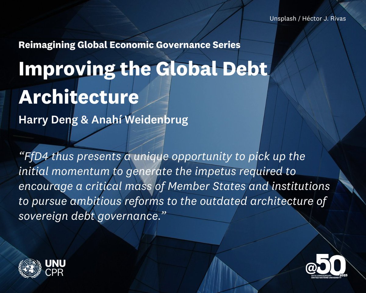 UN University (@ununiversity) on Twitter photo Global debt hit 330% of GDP in 2023 🌍
EMDEs are struggling due to slow growth, high interest rates and increasing reliance on private creditors.
<a href="/UNUCPR/">UN University Centre for Policy Research</a> calls for urgent reform of outdated sovereign debt governance architecture.
🔗 go.unu.edu/M8weL
#UNUatFFD4 #UNUat50 Global debt hit 330% of GDP in 2023 🌍
EMDEs are struggling due to slow growth, high interest rates and increasing reliance on private creditors.
<a href="/UNUCPR/">UN University Centre for Policy Research</a> calls for urgent reform of outdated sovereign debt governance architecture.
🔗 go.unu.edu/M8weL
#UNUatFFD4 #UNUat50