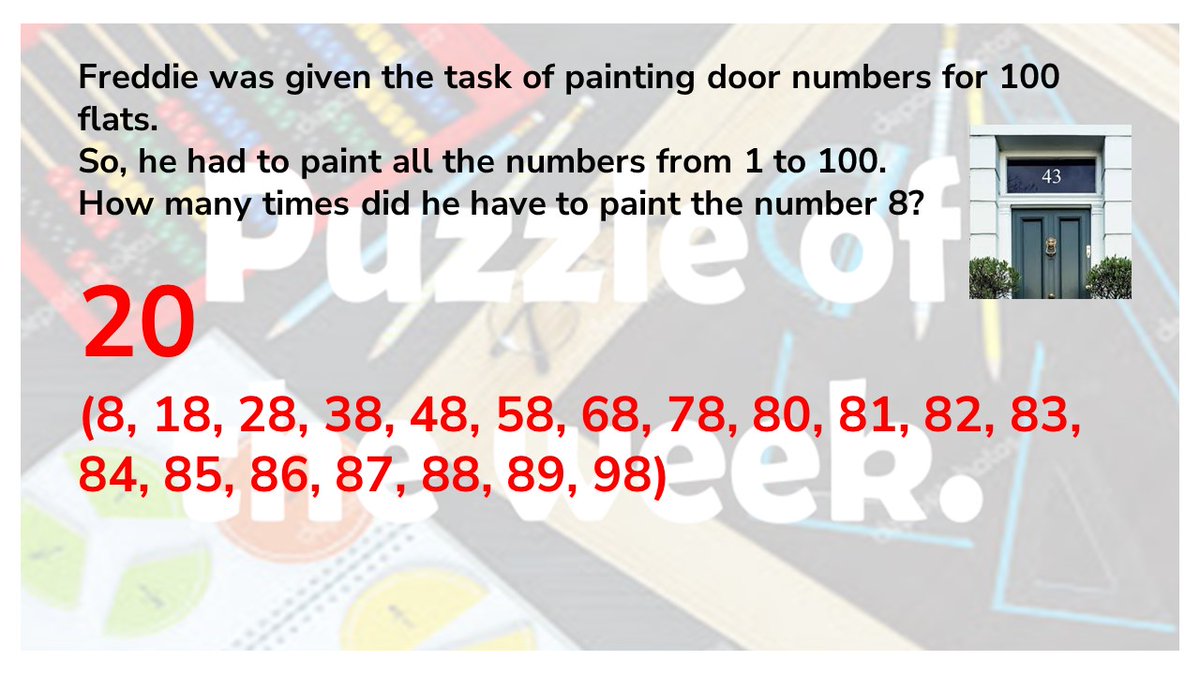 SRA_StAlbans's tweet image. * Mathematics Puzzle of the Week *
Please find the solution to Friday's Mathematics Puzzle of the Week!
#maths #PuzzleoftheWeek #MathsChallenge #funwithmaths
@SRA_Maths