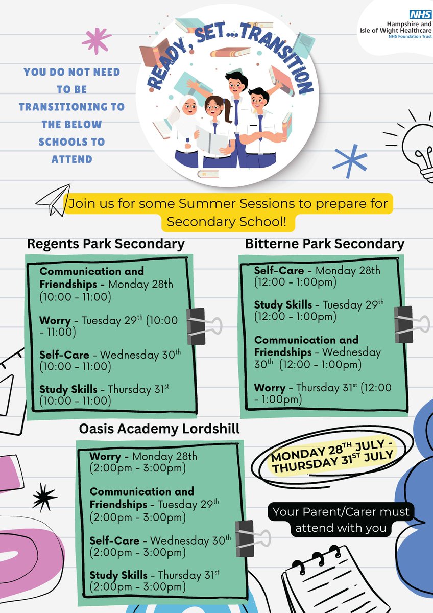 Here at Oasis Sholing, we work closely with MHST, and they are running the ‘Ready Set Transition’ workshops across many Southampton primary and junior schools. Every child and parent has the opportunity to attend the additional summer ‘Ready Set Transition’ sessions.
