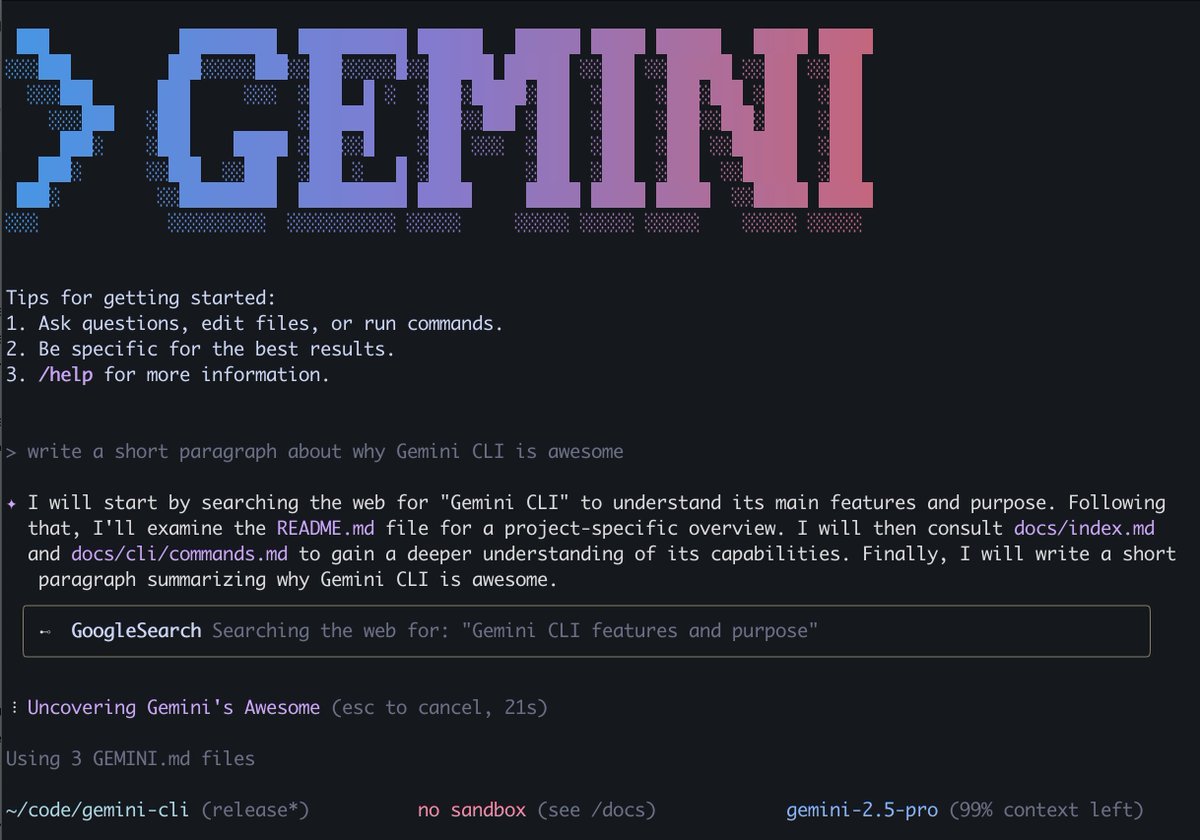 Google 重磅推出强大的终端编程 AI 助手：Gemini CLI ，直接对标 Claude Code，开源不到 24 小时已狂揽 20k Star！

现阶段直接相当于给大家免费使用，基于 Gemini 2.5 Pro 模型，使用限制如下：

- 每分钟 60 次请求
- 每天 1000 次请求

相信这个限制个人使用基本不会触及，相比市场上 10-20