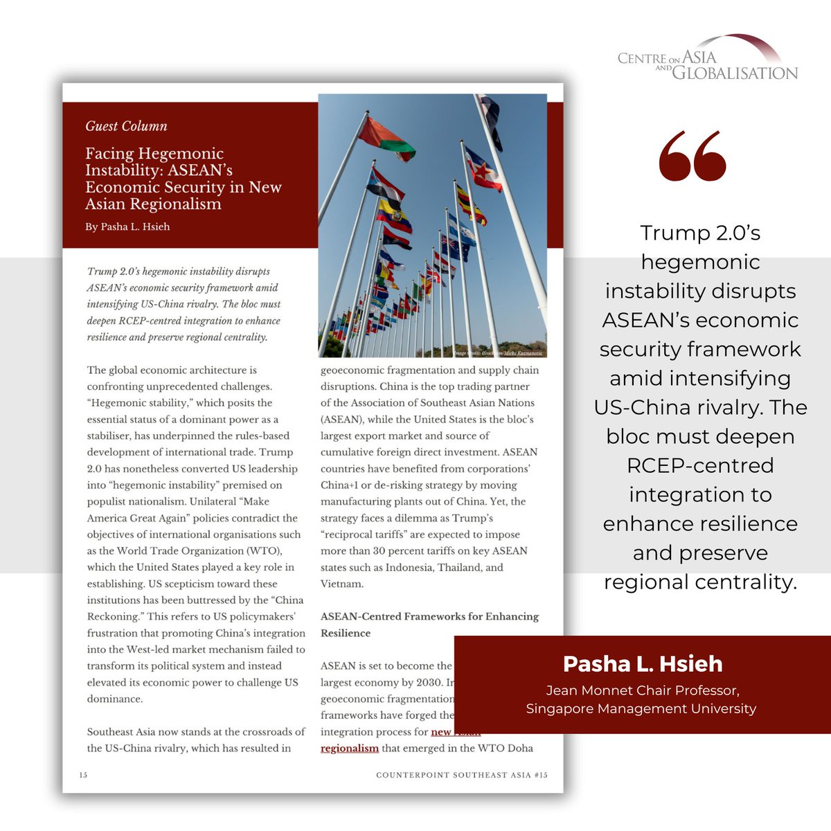 Centre on Asia and Globalisation (@cag_lkyspp) on Twitter photo The final essay by Dr <a href="/PashaHsieh/">Pasha L. Hsieh</a> (<a href="/sgSMU/">Singapore Management University</a>) highlights that Trump 2.0’s hegemonic instability disrupts ASEAN’s economic security framework. The bloc must deepen RCEP-centred integration to enhance resilience and preserve regional centrality. Read: lkyspp.nus.edu.sg/cag/publicatio… The final essay by Dr <a href="/PashaHsieh/">Pasha L. Hsieh</a> (<a href="/sgSMU/">Singapore Management University</a>) highlights that Trump 2.0’s hegemonic instability disrupts ASEAN’s economic security framework. The bloc must deepen RCEP-centred integration to enhance resilience and preserve regional centrality. Read: lkyspp.nus.edu.sg/cag/publicatio…
