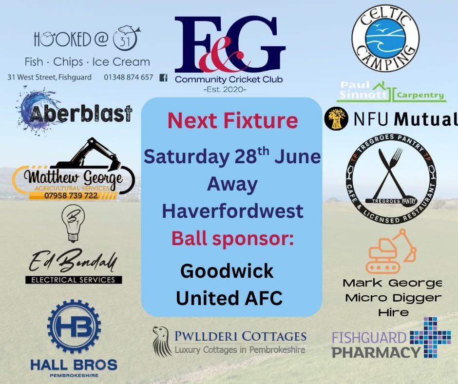 Fishguard & Goodwick CCC (@fandgccc) on Twitter photo We've reached the half way point of the season, so it's back to the beginning.
<a href="/HaverfordwestCC/">Haverfordwest CC</a> is the venue as we face their Second XI this coming Saturday, 1.30pm start.
Thanks to our ball sponsor for this game, <a href="/GoodwickUtd/">Goodwick United AFC</a>
#WaitOn ๐ We've reached the half way point of the season, so it's back to the beginning.
<a href="/HaverfordwestCC/">Haverfordwest CC</a> is the venue as we face their Second XI this coming Saturday, 1.30pm start.
Thanks to our ball sponsor for this game, <a href="/GoodwickUtd/">Goodwick United AFC</a>
#WaitOn ๐