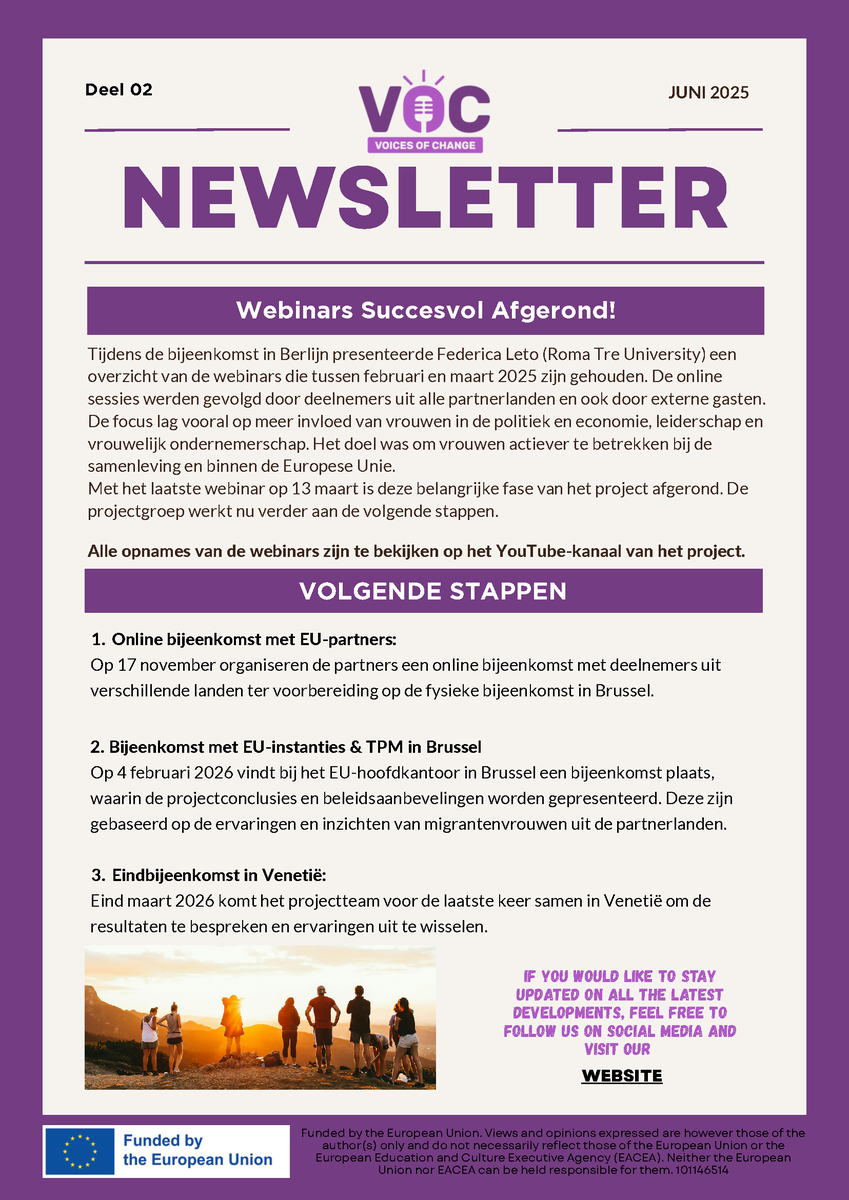 🚀 De 2e editie van de Voices of Change nieuwsbrief is er!
✅ Highlights van de meeting in Berlijn
✅ Inspirerende webinarreeks afgerond
✅ Nieuwe beleidsrichtlijnen gelanceerd
🌍 Meer dan 1.000 websitebezoeken!
👉 voc-project.eu #VoicesOfChange #EUproject