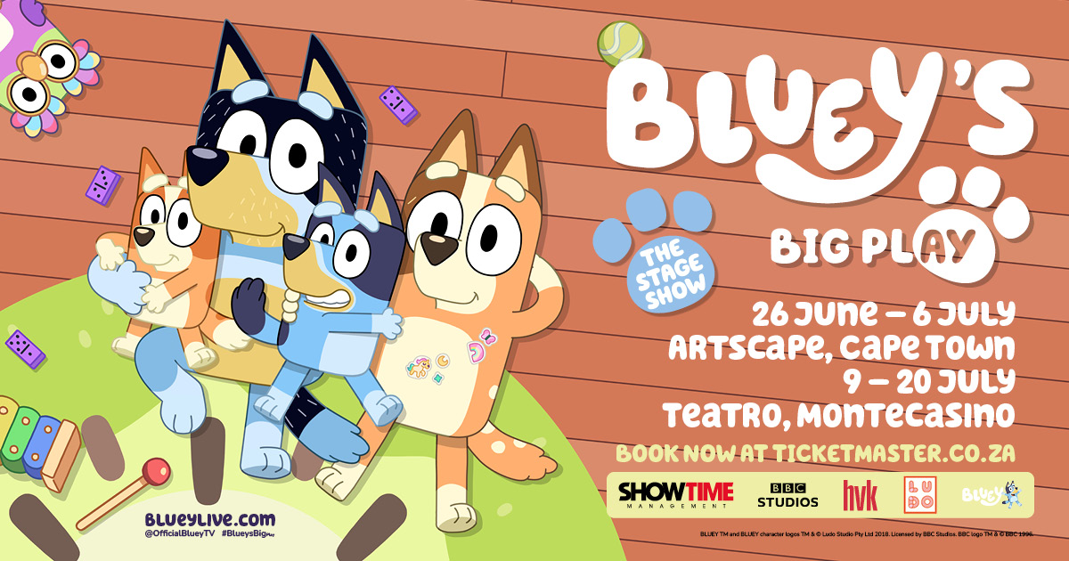 Bluey LIVE on stage at the Artscape from today!

26 June – 6 July: Artscape, Cape Town
9 – 20 July: Teatro, Montecasino, Johannesburg

Bluey, Bingo, Bandit and Chilli are making their stage debut in South Africa!
Join the Heelers in their first live theatre show made just for