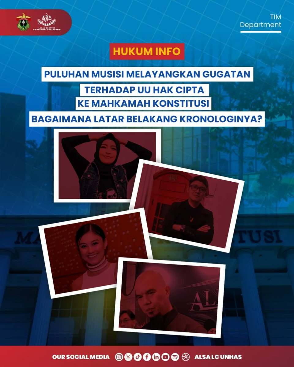 Warmest Greetings, ALSAians!

ALSA LC Unhas delightfully presents Hukum Info with the title "Puluhan Musisi Melayangkan Gugatan Terhadap UU Hak Cipta ke Mahkamah Konstitusi: 
Bagaimana Latar Belakang Kronologinya?"

Read more on Instagram! <a href="/alsalcunhas/">ALSA LC Unhas</a>