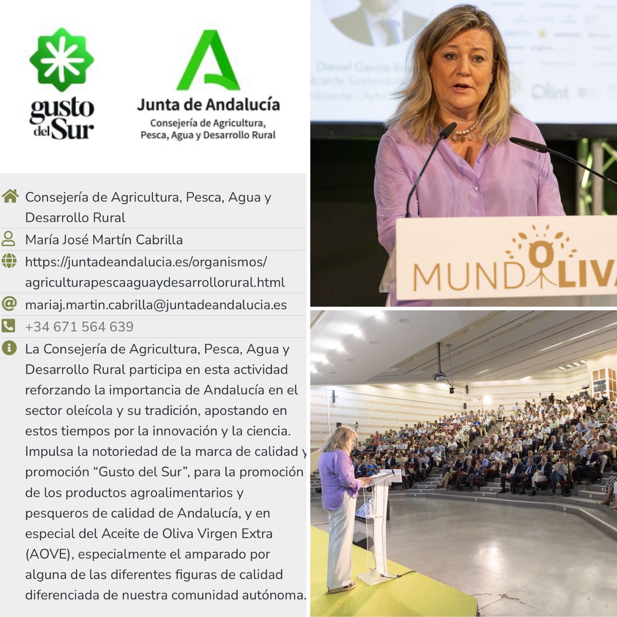 Muy contentos de contar de nuevo con el apoyo de Gusto del Sur - Consejería de Agricultura, Pesca, Agua y Desarrollo Rural de la Junta de Andalucía en MUNDOLIVAR. ¡Siempre al lado del olivarero y productor de AOVE andaluz!