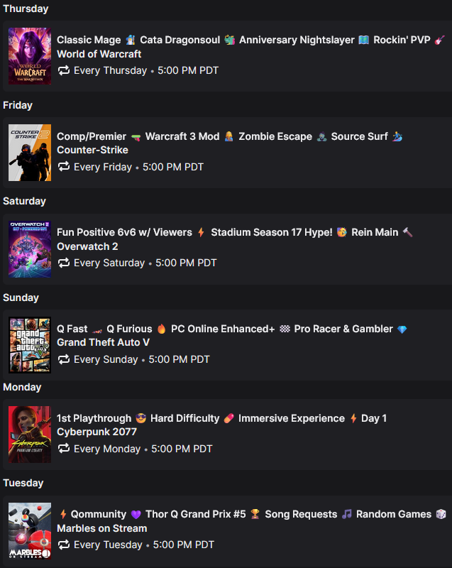 _Thor_Q's tweet photo. Thursdays - @Warcraft #Mage
Fridays - @CounterStrike #Community
Saturdays - @PlayOverwatch #Reinhardt
Sundays - @RockstarGames #GTA5
Mondays - @CyberpunkGame #1stPlay
Tuesdays - @MarblesOnStream #Qommunity
Wednesdays - OFFLINE 💜 Watching @Twitch 👀 https://t.co/NSGNyH43B4