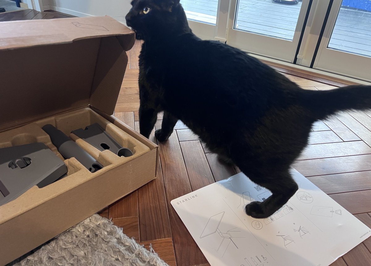 Teslakaz's tweet image. テキサスオースティン
から送られて来ました！
スターリンク本体ではなく
#starLink #wallmount
🐈‍⬛も気になる模様