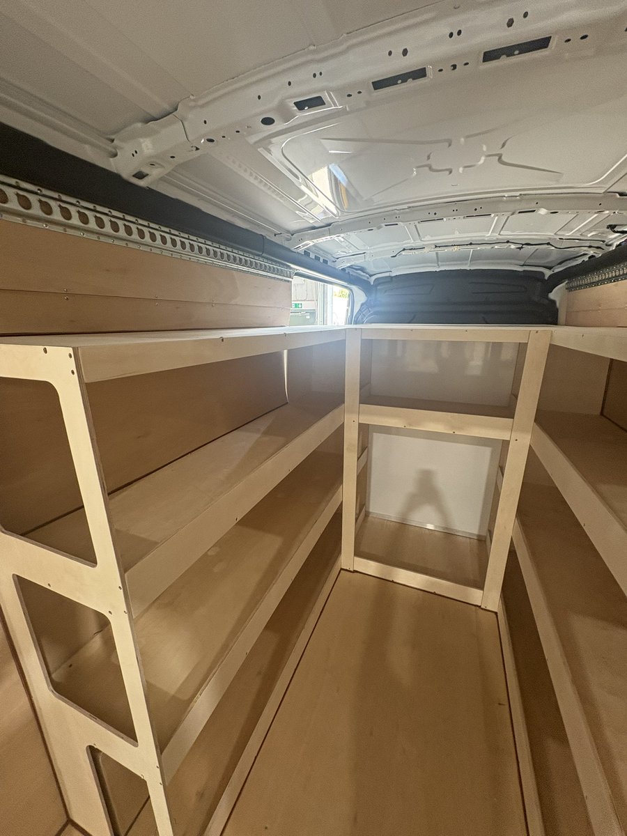 AVL_VehicleLin's tweet photo. Just wrapped up a custom fit-out for Tru7. We’ve kitted out the van with full-length timber shelving along sides and bulkhead, leaving clear walkway. Also a loading dock on sides. Finished with a secure asbestos box at the side door – smart, safe, and ready for serious work. #AVL https://t.co/PJE2fakzrX
