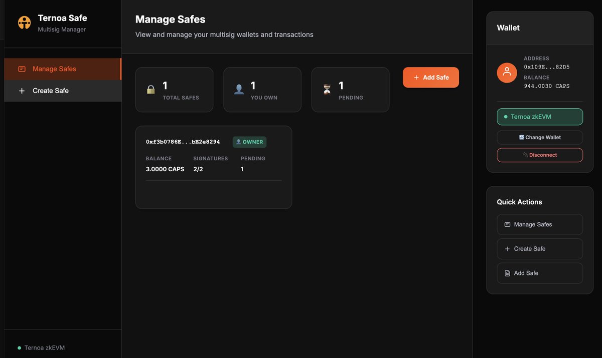 Ternoa_'s tweet image. 🚨 Ternoa Safe UI (Beta) is LIVE 🚨

Create a multisig wallet to secure your $CAPS 🔐

Set how many signatures are needed to move funds💸

Signers can be any wallet type🖊️

⚠️For now: Deposit $CAPS only

Next: Manage tokens, use abstracted wallets, stake from the Safe… 🧡