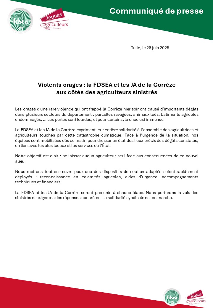 FDSEA19's tweet image. 🌩️ Orages violents en Corrèze : des dégâts majeurs sur les exploitations. 
La FDSEA et les JA sont sur le terrain, aux côtés des agriculteurs sinistrés.
 🎯 Objectif : aucun agriculteur laissé seul, des solutions concrètes exigées.
#Agriculture #FDSEA #JA #Orages #Corrèze👇