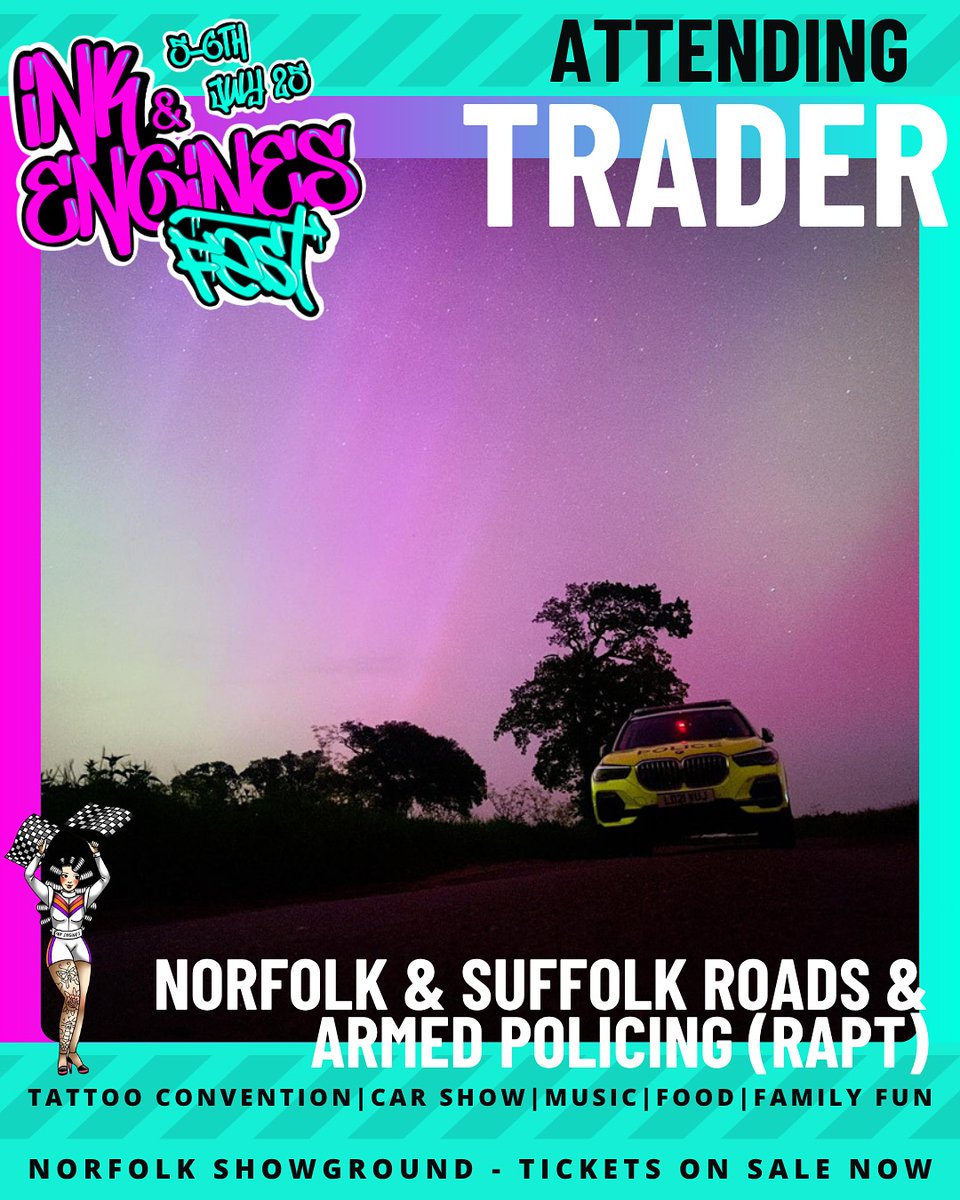 NSRAPT's tweet image. Got any plans for next weekend? Join our roads policing officers at the Ink and Engines festival at the Norfolk Showground!
Ask them all of your burning car modification questions and get up close and personal with some of our fleet 🚓
We look forward to seeing you there 👋