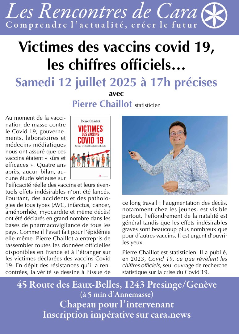 Chers tous,
je vous retrouve début juillet pour une série de 3 conférences près de la frontière France-Suisse.
7 juillet 18h30 : Clos Mellecey (près de Chalon-sur-Saône, France 71)
10 juillet 19h : Lausanne (Suisse)
12 juillet 17h : Presinge (près de Genève, Suisse)
infos/résas👇